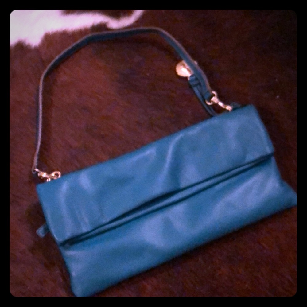 Teal leather clutch handbag